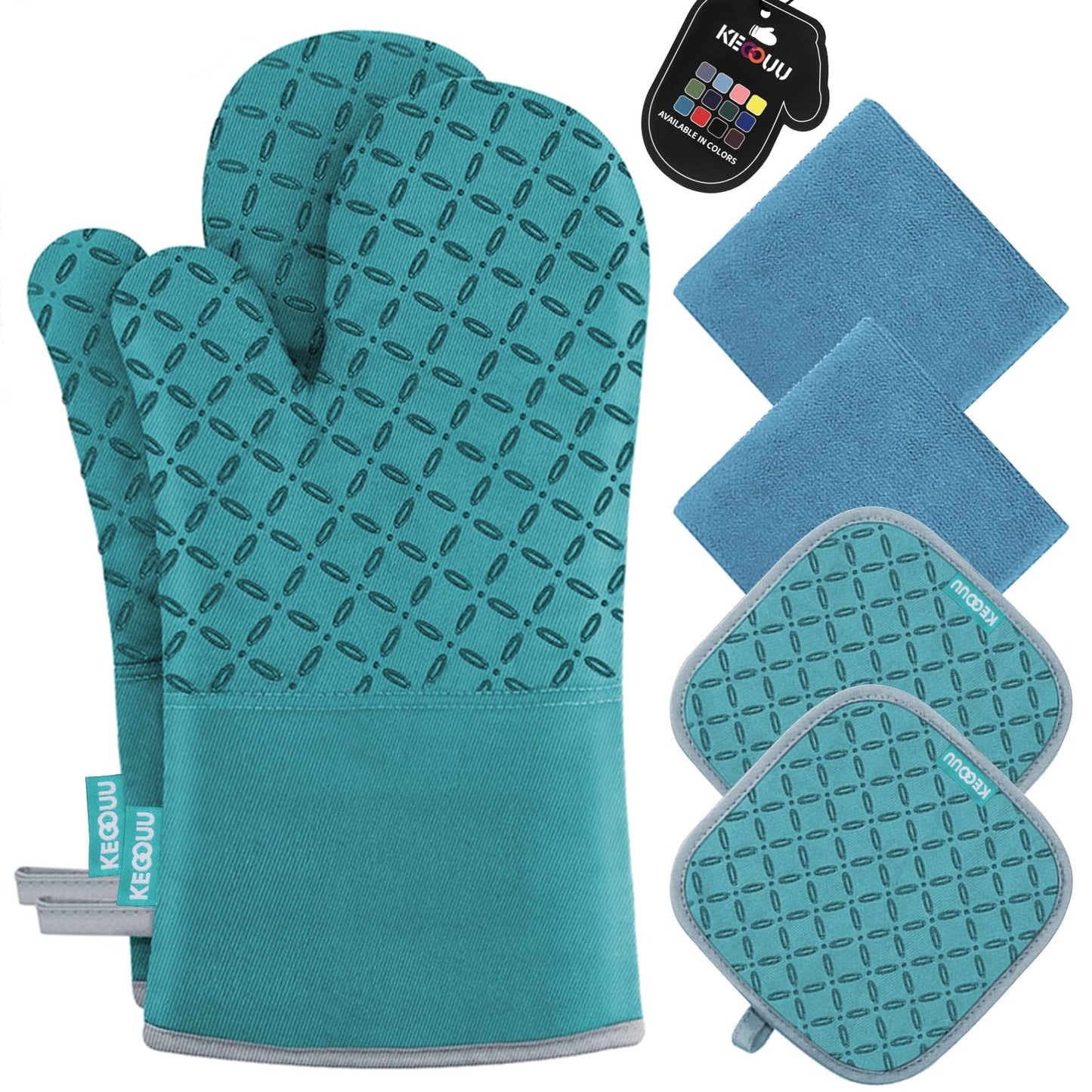 KEGOUU Oven Mitts and Pot Holders 6pcs Set, Kitchen Oven Glove High Heat Resistant 500 Degree Extra Long Oven Mitts and Potholder with Non-Slip Silicone Surface for Cooking (Gray)