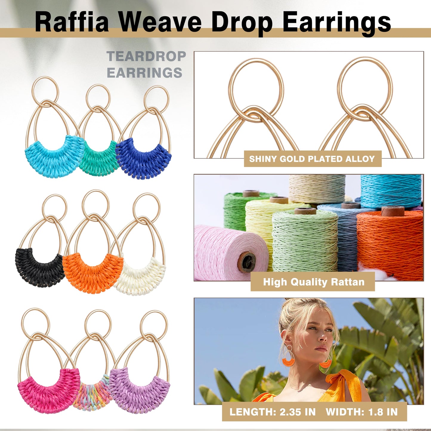 Raffia Hoop Earrings for Women Fun Boho Summer Beach Earrings Lightweight Handmade Straw Wicker Rattan Dangle Earrings Statement Geometric Round Drop Earrings