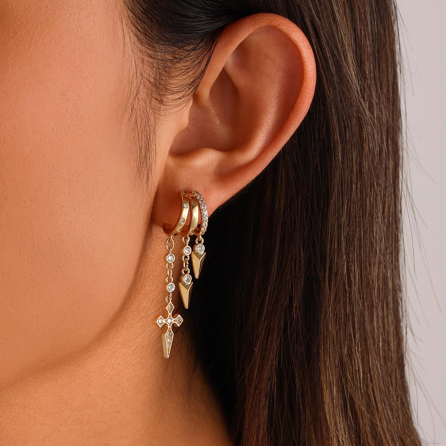 Gold Dangle Earrings for Women, 14k Gold Plated Stacked Triple Hoop Illusion Earrings Cubic Zirconia Huggie Earrings for Women Trendy