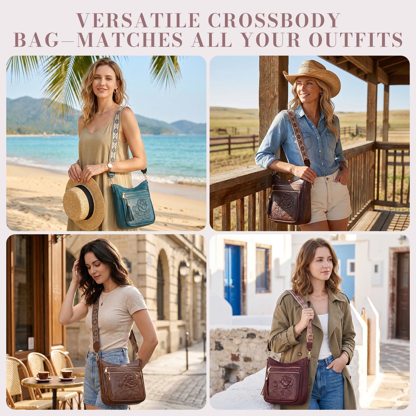 Crossbody Bags for Women, Vegan Leather Crossbody Purse, Multiple Pocket Daily Travel Shoulder Bag with Boho Strap