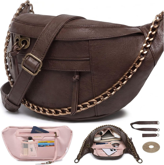 Anti Pickpocket Crossbody Bag – Large Vegan Dark Brown Leather Sling Bag with RFID & Glasses Pockets, Anti Theft Design, Multiple Compartments, Chain Detail Travel Crossbody Bag for Women