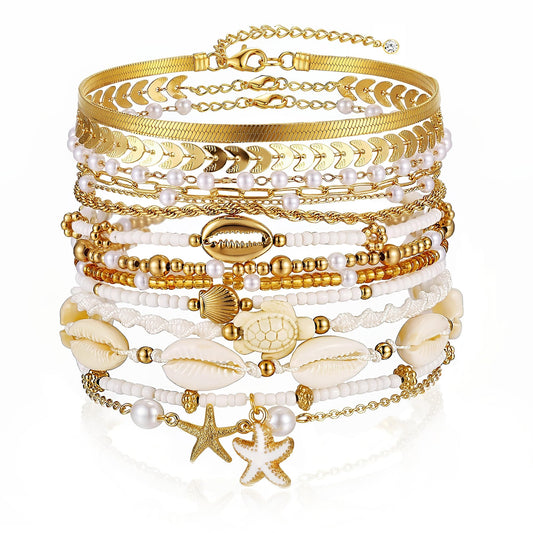 FAXHION Boho Gold Beaded Bracelets for Women, Starfish & Shell Pendant Bracelet Stack, Gold Bracelet Set Summer Beach Jewelry Gifts