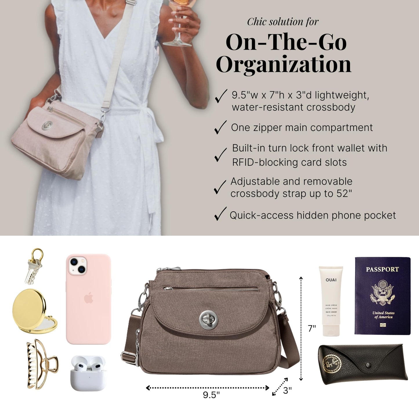 Baggallini Calais Crossbody Bags for Women 10x7 Lightweight Water-Resistant Travel Purse, RFID & Interior Organization