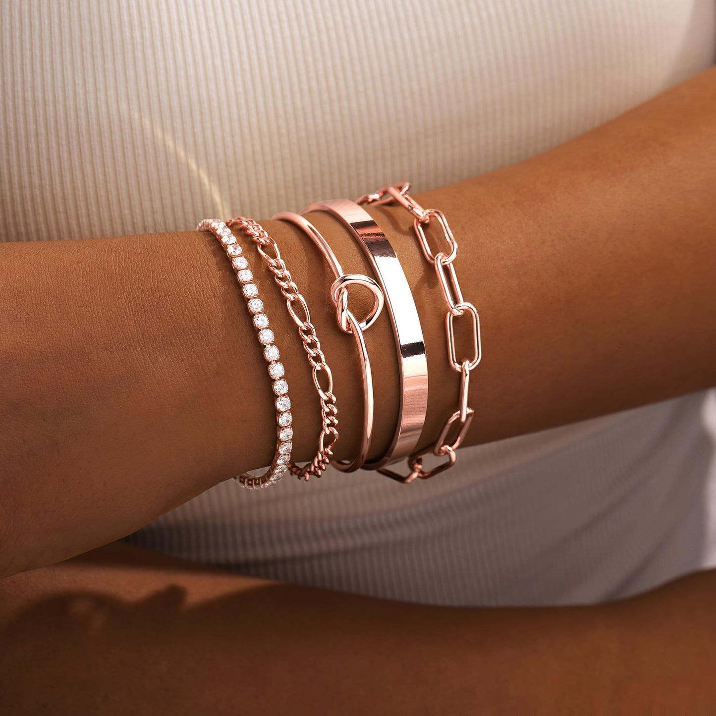 Jewelry Gold Bracelets Set for Women Non Tarnish, Waterproof 14K Gold Plated Sterling Silver Chunky Cuff Bracelet Stackable Gold Bangles Bracelet for Women Trendy Fashion Accessories Tie Knot Cuban Rope Paperclip Beaded Bracelet Stack