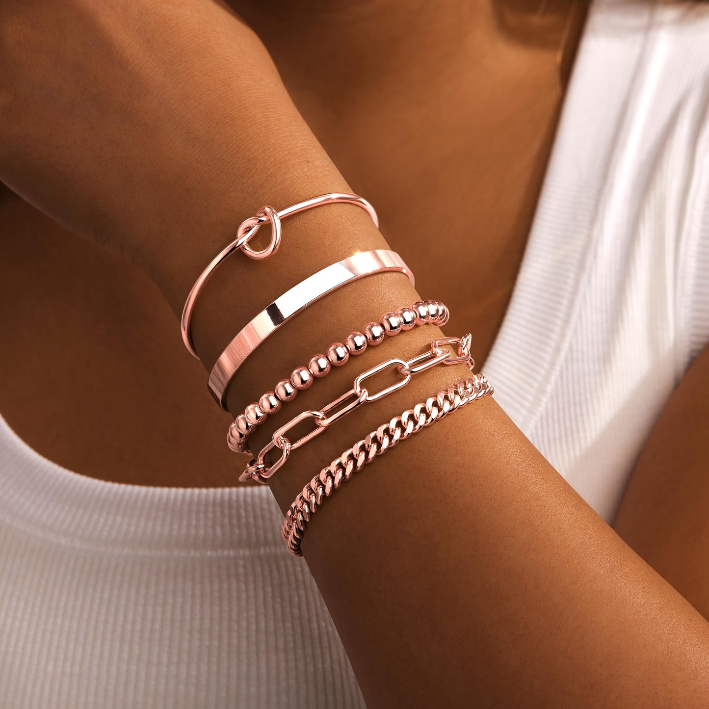 Gokeey Gold Bracelets Set for Women Non Tarnish, Waterproof 14K Gold Plated Sterling Silver Chunky Cuff Bracelet Stackable Gold Bangles Bracelet for Women Trendy Fashion Accessories Tie Knot Cuban Rope Paperclip Beaded Bracelet Stack Jewelry Mothers Day G