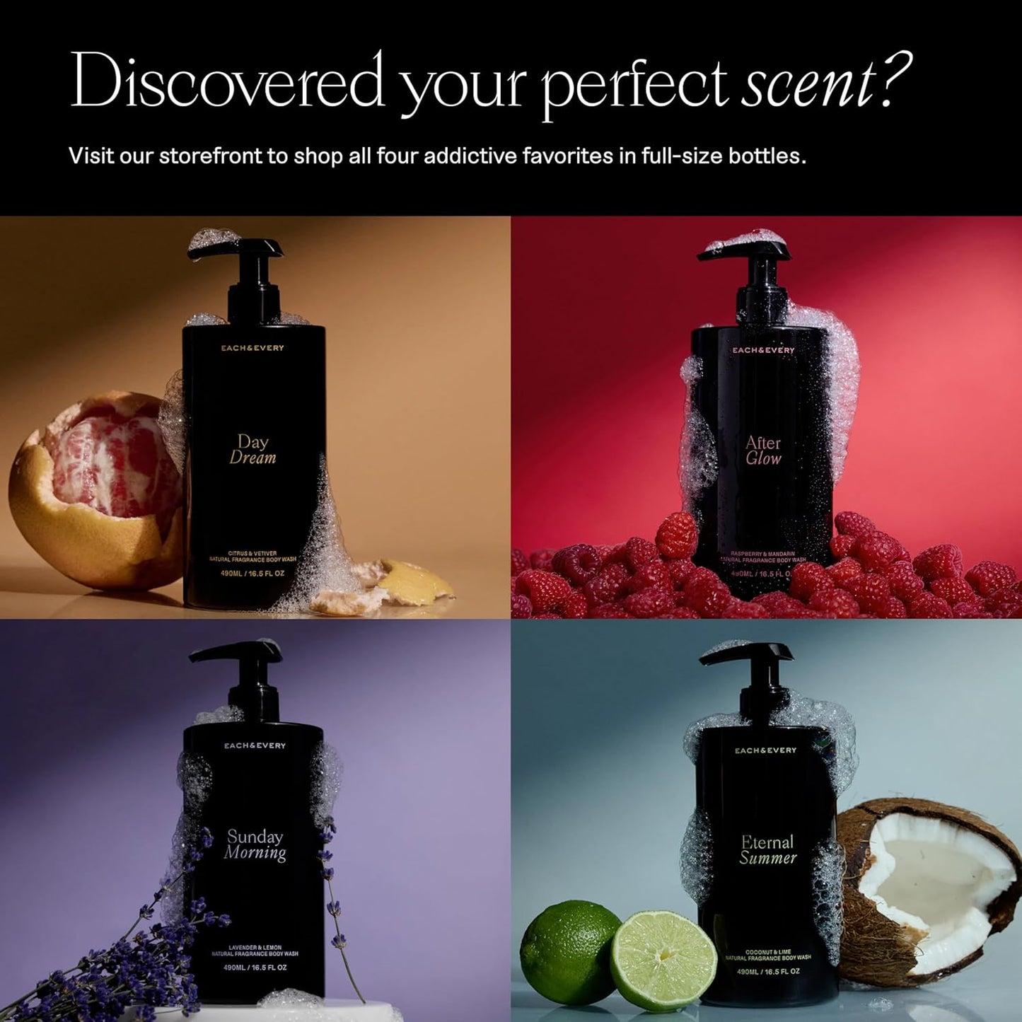 Each & Every Mini Body Wash Travel Set - 4 Natural Fragrance Shower Gels - Ceramides, Lactic Acid AHA & Moringa Oil - Day Dream, After Glow, Sunday Morning & Eternal Summer
