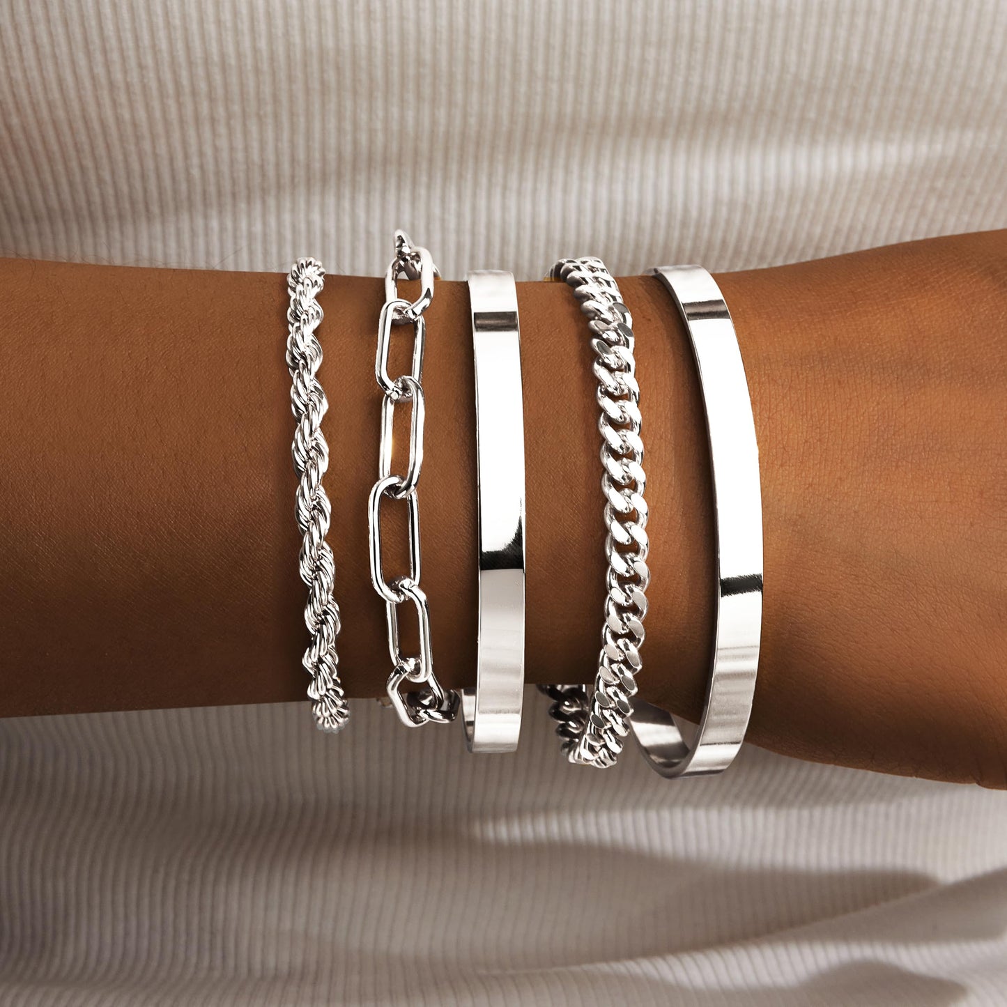 Jewelry Gold Bracelets Set for Women Non Tarnish, Waterproof 14K Gold Plated Sterling Silver Chunky Cuff Bracelet Stackable Gold Bangles Bracelet for Women Trendy Fashion Accessories Tie Knot Cuban Rope Paperclip Beaded Bracelet Stack