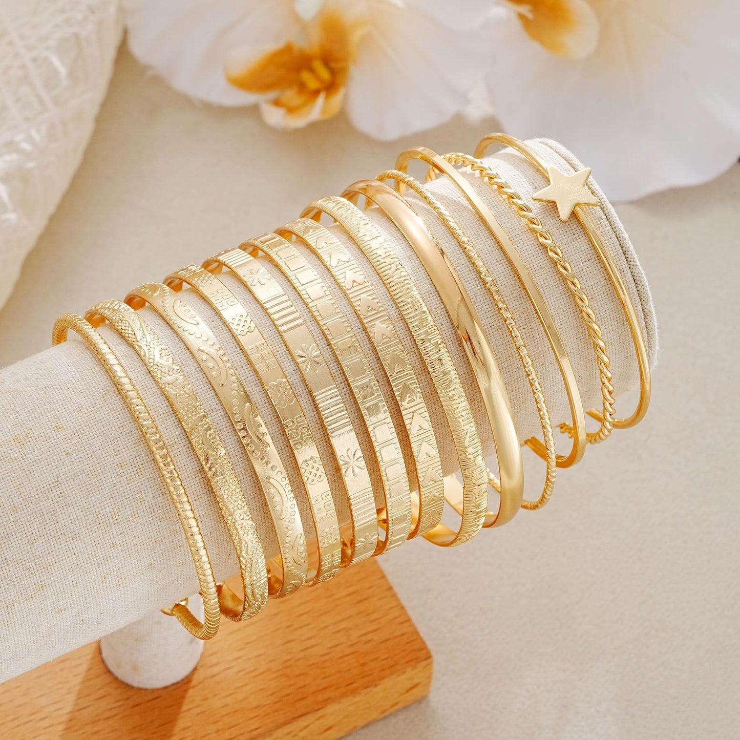 FAXHION Gold Bangle Bracelets for Women, 14 Pcs Multi Layer Stackable Bangle Set, 14K Gold Plated Textured Chunky Bracelets Boho Jewelrys Set