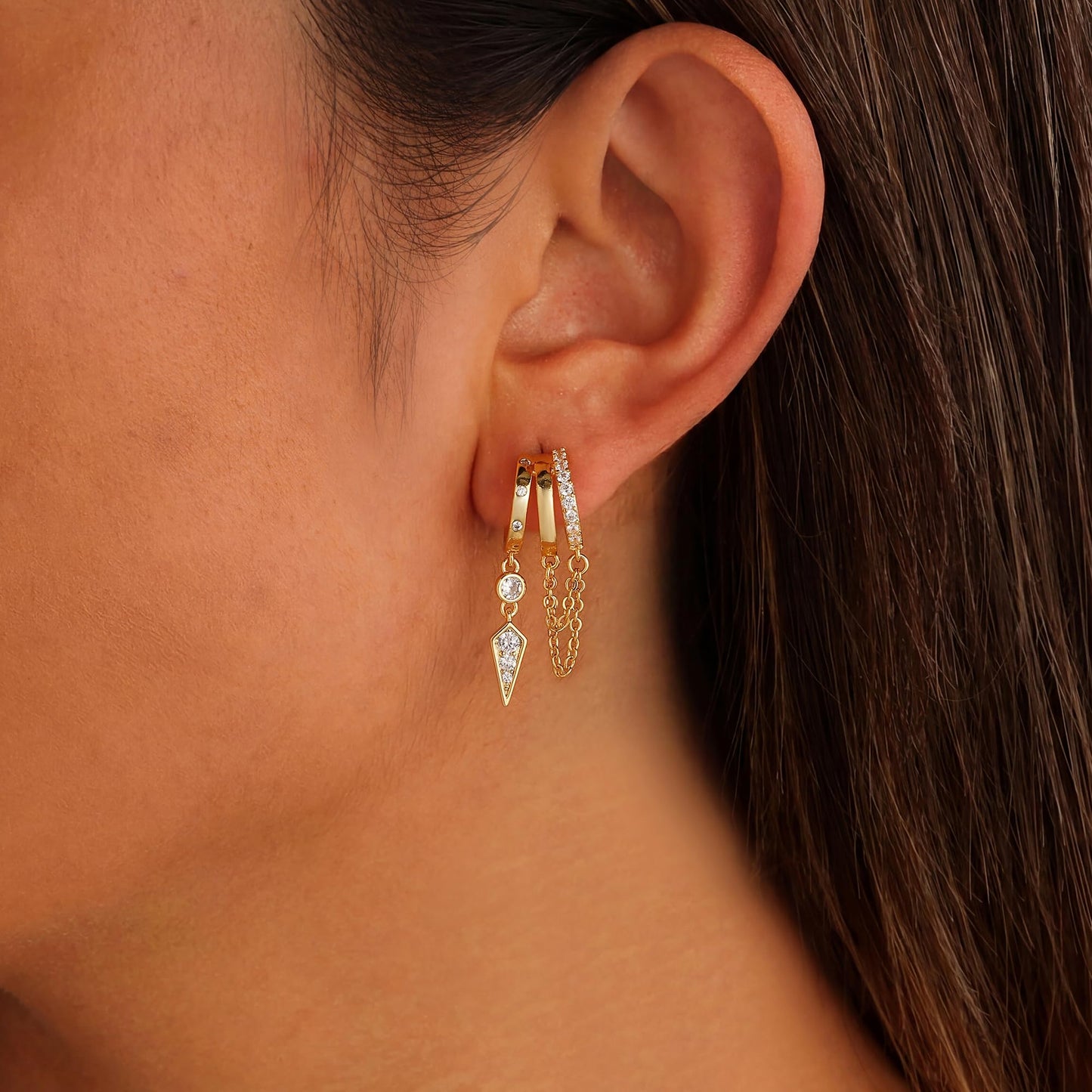 Gold Dangle Earrings for Women, 14k Gold Plated Stacked Triple Hoop Illusion Earrings Cubic Zirconia Huggie Earrings for Women Trendy