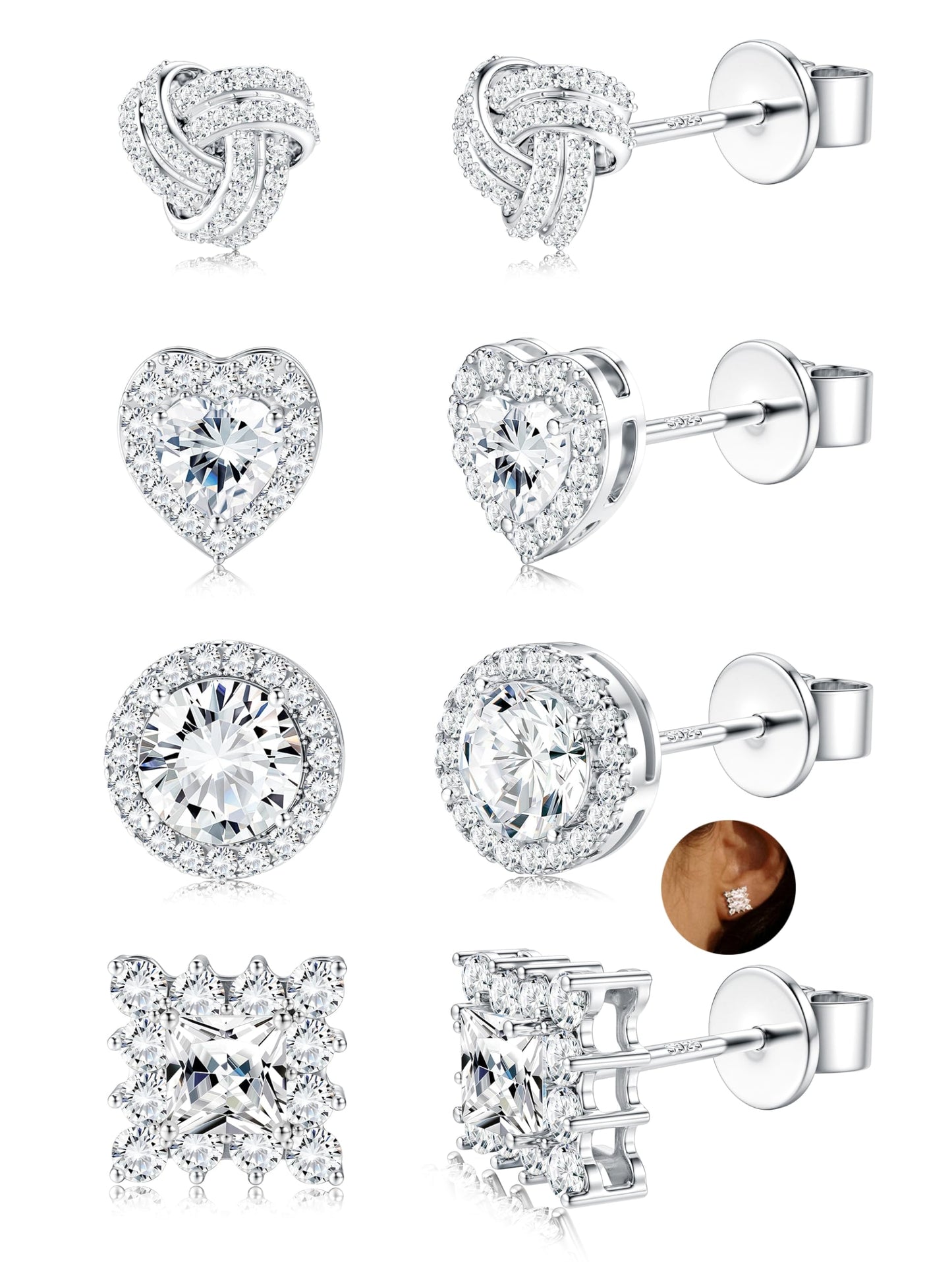 ZELORES 4 Pairs Sterling Silver 5A CZ Stud Earrings for Women 14K Gold Plated Brilliant Celtic Heart Big Stud Earrings Set Cubic Zirconia Earrings Studs for Sensitive Ear