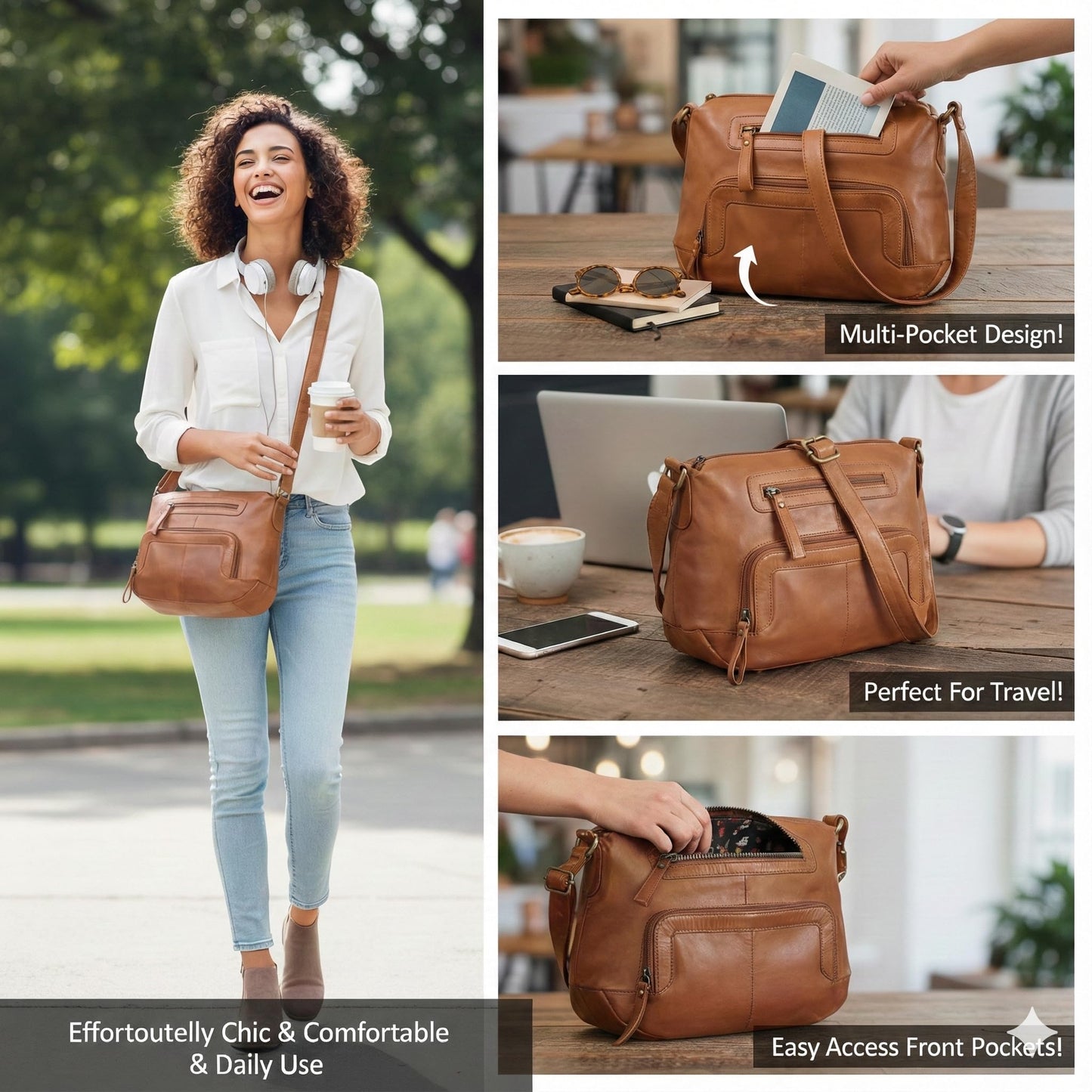 Oak Leathers Women's Crossbody Bag - Genuine Leather Crossover Shoulder Purse With Adjustable Sling Strap - Medium Size