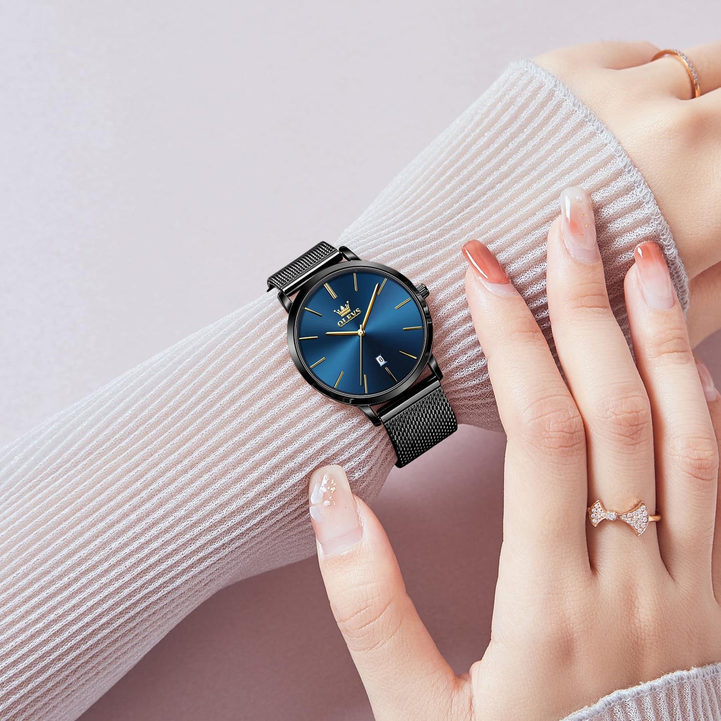 OLEVS Women's Watch Luxury Dress Rose Gold Women Slim Thin Lightweight Watch Stainless Steel Mesh Watches Fashion Waterproof Ladies Wrist Watch Black White Blue Face,Adjustable Bracelet