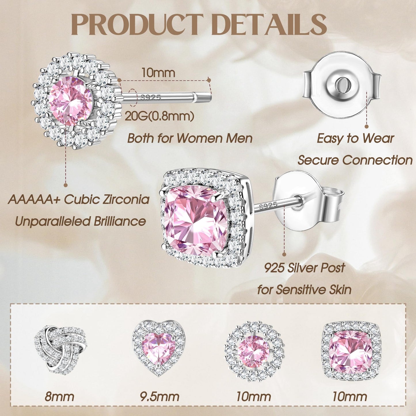 ZELORES 4 Pairs Sterling Silver 5A CZ Stud Earrings for Women 14K Gold Plated Brilliant Celtic Heart Big Stud Earrings Set Cubic Zirconia Earrings Studs for Sensitive Ear