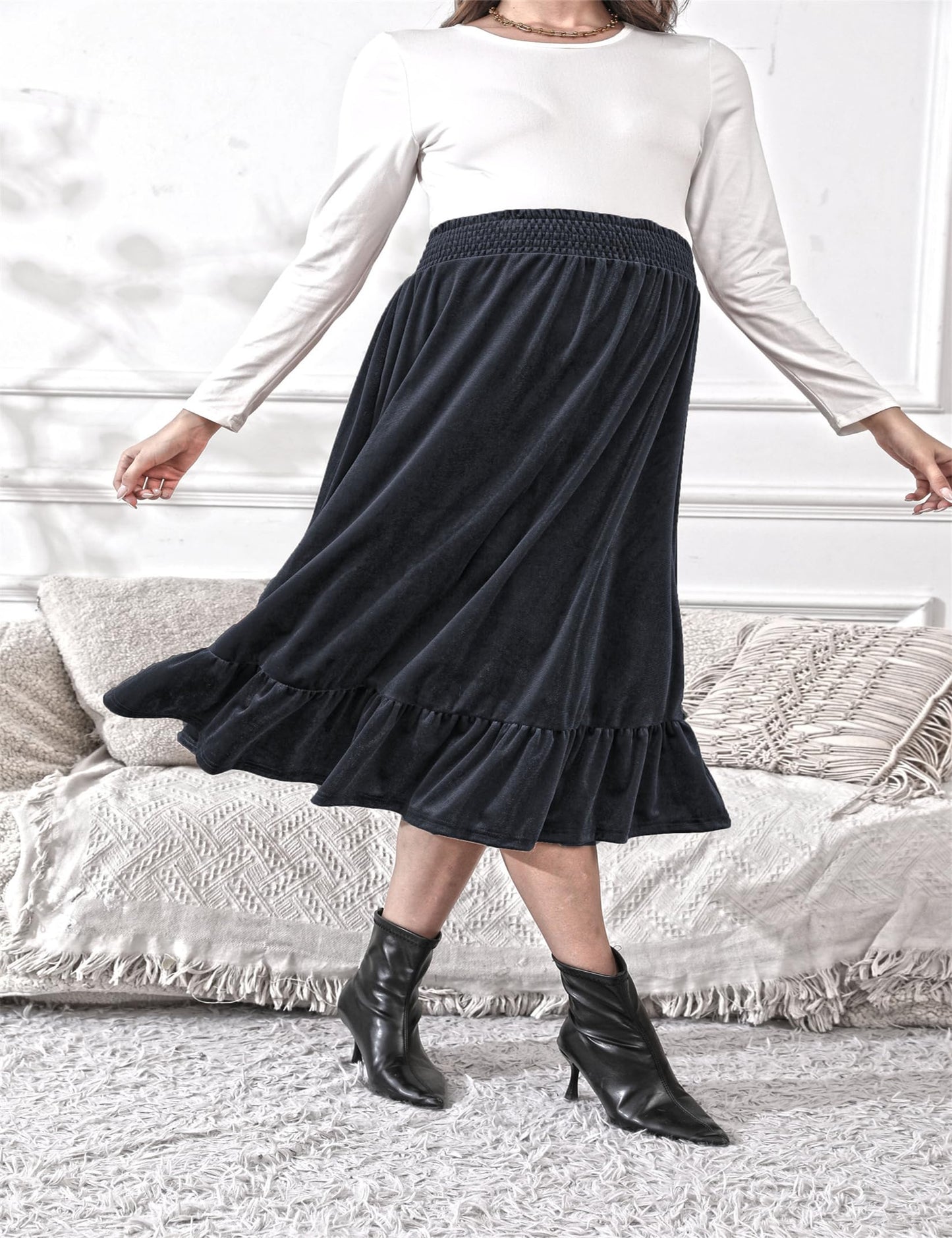 FUNJULY Maternity Dress Women's High Waist Floral Print Pleated Maxi Skirt Casual Flowy Swing A Line Long Skirts BlackPurple L