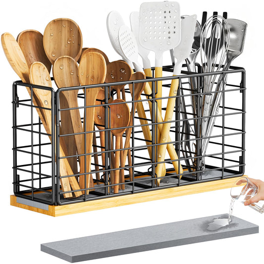 Metal Kitchen Utensil Holder with 4 Adjustable Compartments & Fast-Drying Base