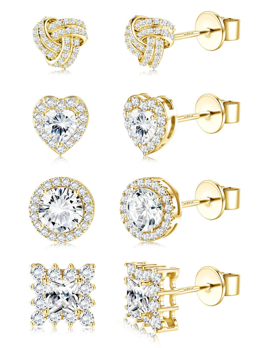 ZELORES 4 Pairs Sterling Silver 5A CZ Stud Earrings for Women 14K Gold Plated Brilliant Celtic Heart Big Stud Earrings Set Cubic Zirconia Earrings Studs for Sensitive Ear