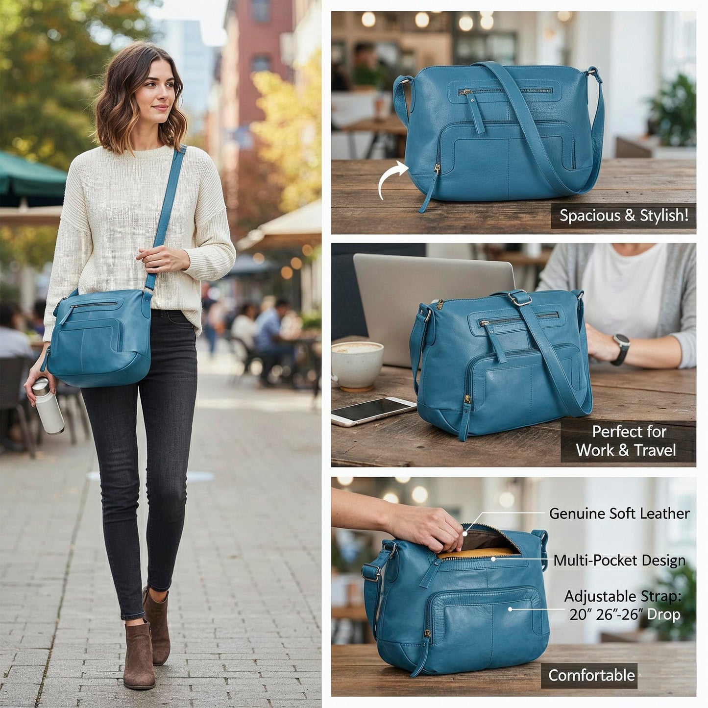 Oak Leathers Women's Crossbody Bag - Genuine Leather Crossover Shoulder Purse With Adjustable Sling Strap - Medium Size