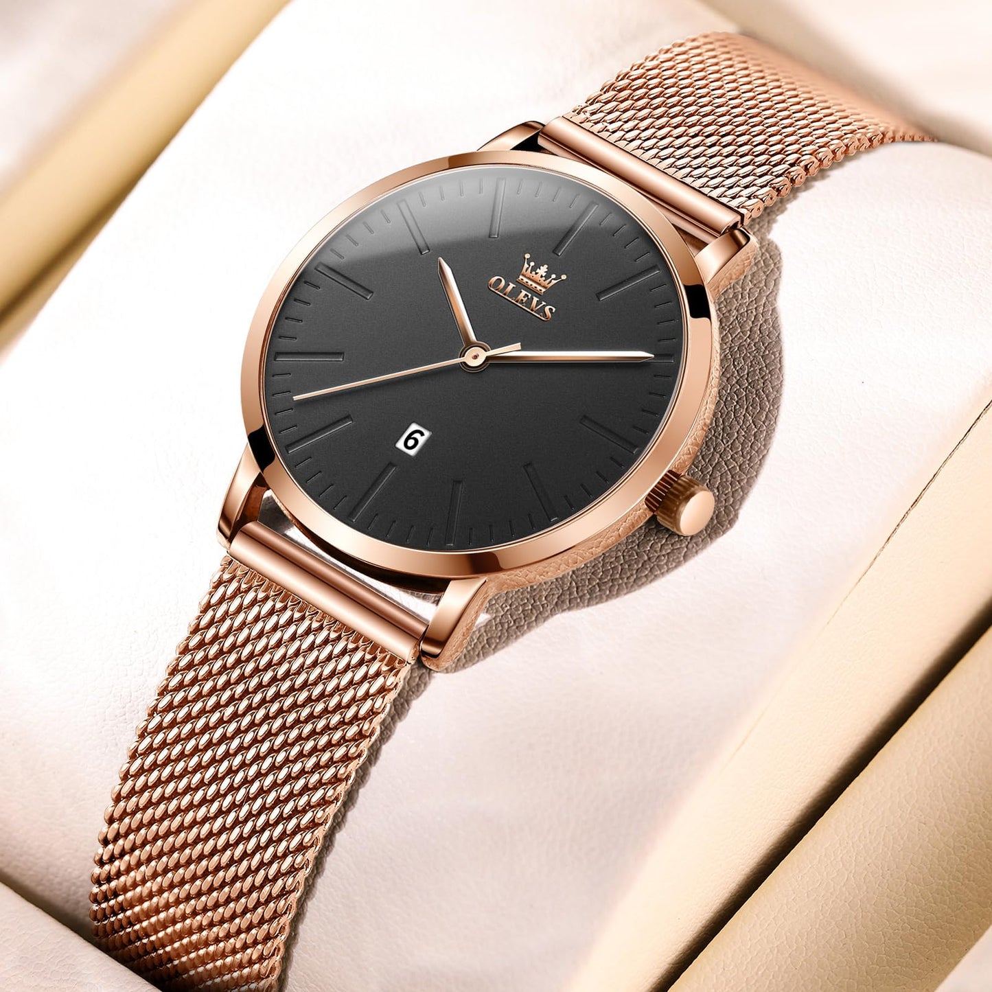 OLEVS Women's Mesh Bracelet Watch, Elegant Large Face Three Hand Analog Quartz Womens Wristwatch, Pretty Slim Date Display Waterproof Ladies Watches for Small Wrists