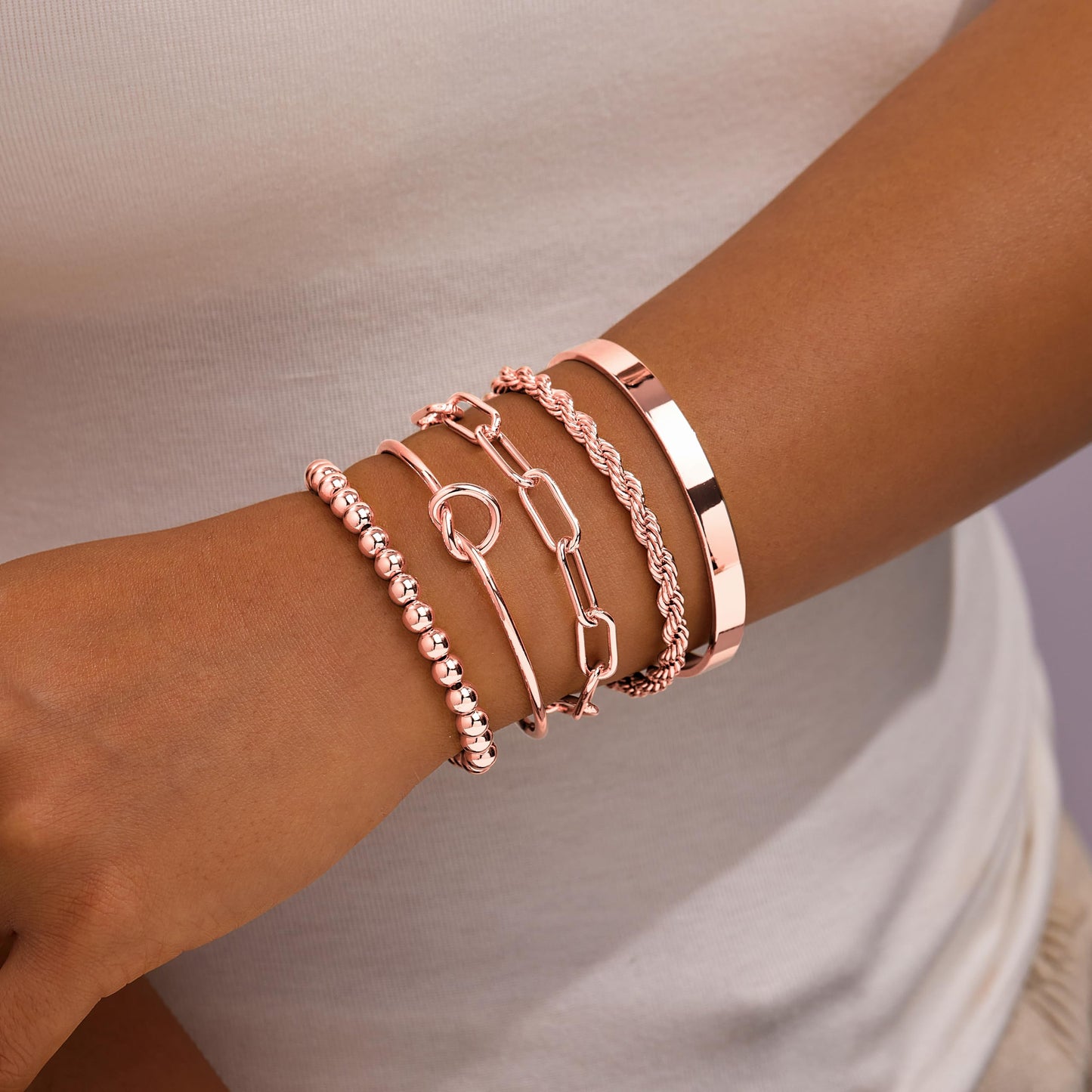 Jewelry Gold Bracelets Set for Women Non Tarnish, Waterproof 14K Gold Plated Sterling Silver Chunky Cuff Bracelet Stackable Gold Bangles Bracelet for Women Trendy Fashion Accessories Tie Knot Cuban Rope Paperclip Beaded Bracelet Stack