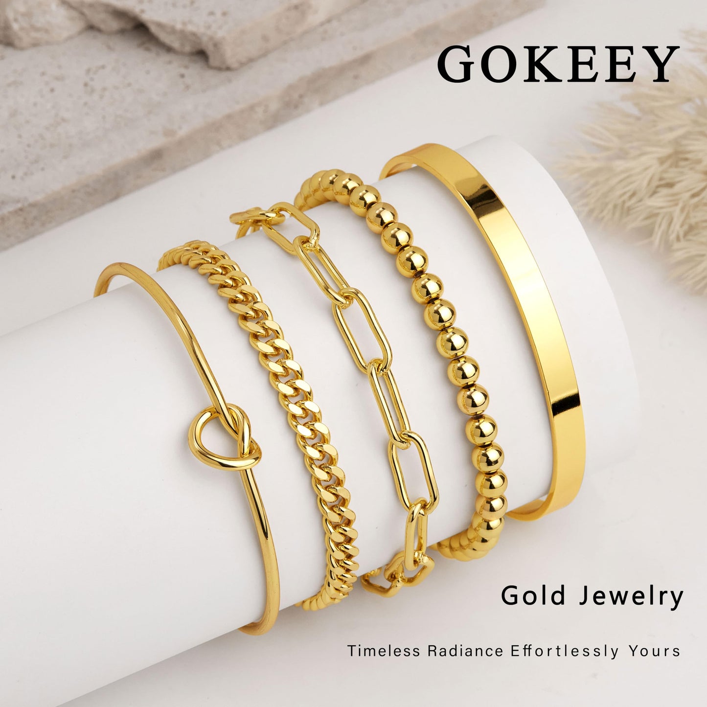 Gokeey Gold Bracelets Set for Women Non Tarnish, Waterproof 14K Gold Plated Sterling Silver Chunky Cuff Bracelet Stackable Gold Bangles Bracelet for Women Trendy Fashion Accessories Tie Knot Cuban Rope Paperclip Beaded Bracelet Stack Jewelry Mothers Day G
