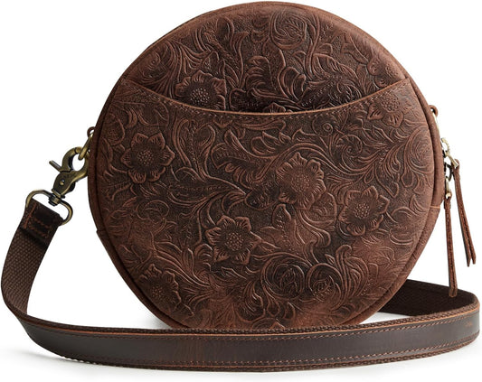 S-ZONE Leather Crossbody Bags for Women Circle Shoulder Round Purse Travel | Top Grain Leather, Keychain, Designer Handbag, Vintage, Multi Pockets, Detachable Strap, Eveyday Outing