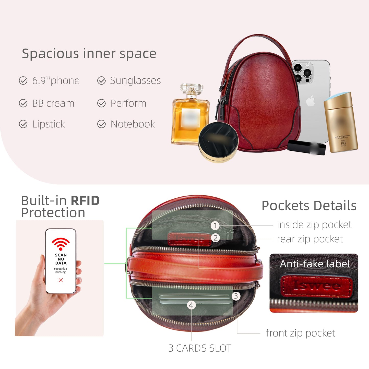 Iswee Small Crossbody Bag for Women Small Leather Shoulder Purse Phone Bag | Designer Satchel Handbags Ladies Pocketbooks with 2 Adjustable Strap 3-Way Carry Multi-pocket Organizer Mini Bag