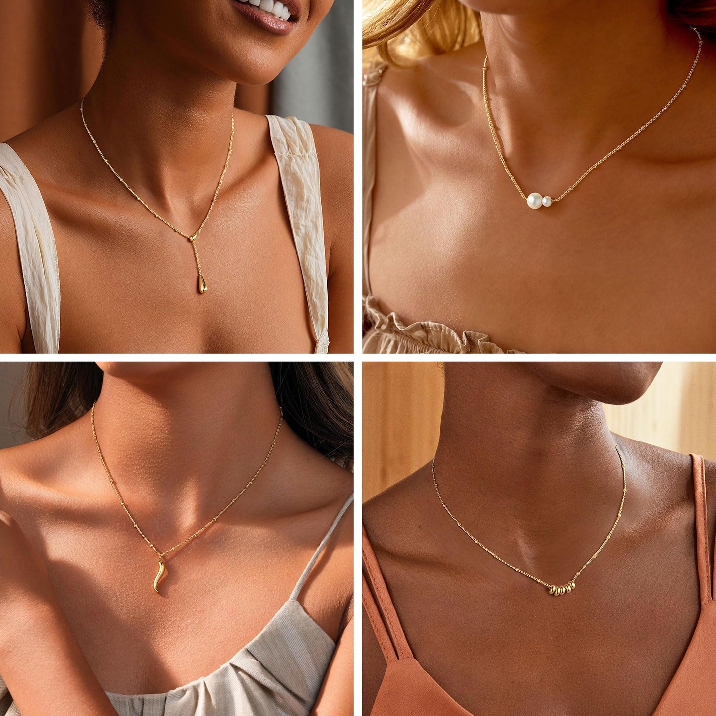 M MOOHAM Gold Necklace for Women Non Tarnish - Dainty 14K Gold Plated Beaded Chain Small Pendant Necklaces Simple Pearl Circle Beads Teardrop Pendant Necklace for Women Trendy Jewelry Gifts