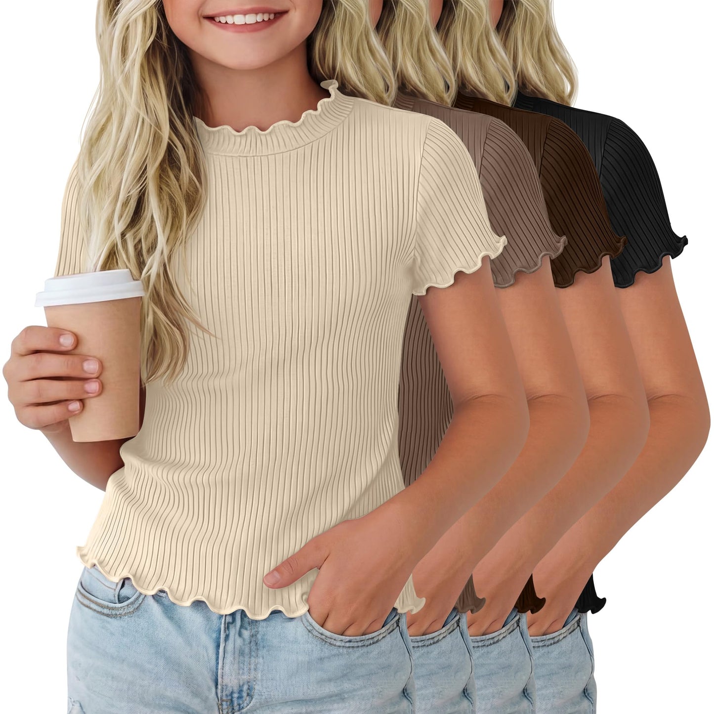 Mumucove 4 Pack Girls' Short Sleeve Shirts Ribbed Crew Neck Lettuce Trim Tops Cute Casual Basic T-Shirts 5-14Y(13-14 Years,Cream, Khaki, Brown, Black)