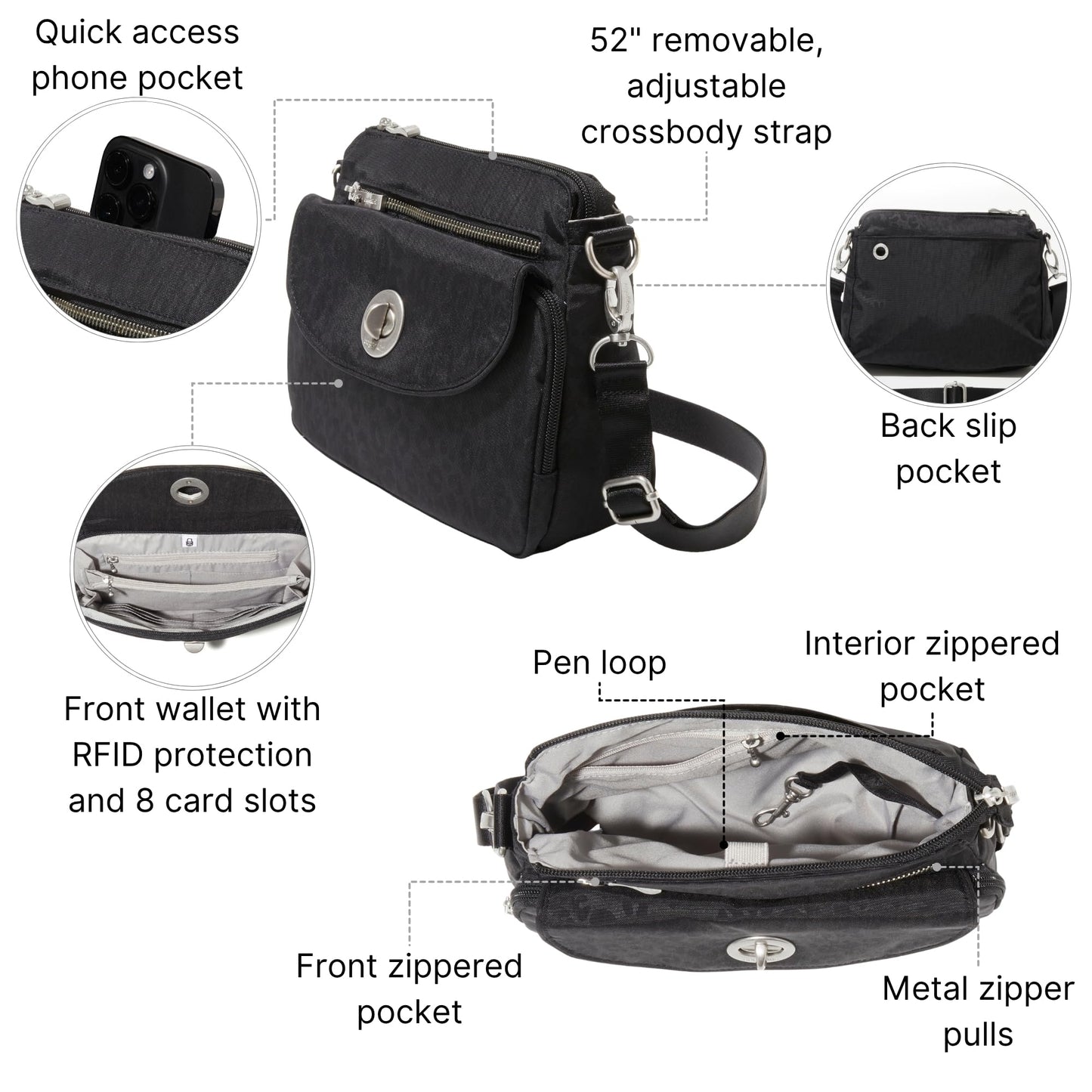 Baggallini Calais Crossbody Bags for Women 10x7 Lightweight Water-Resistant Travel Purse, RFID & Interior Organization