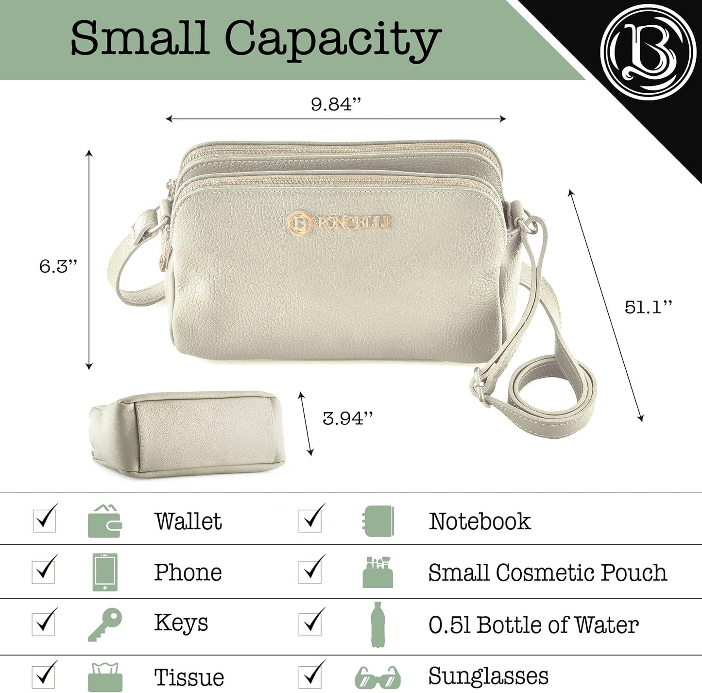 Baroncelli Crossbody Bag Made in Italy with Long Stripe Genuine Italian Soft Leather