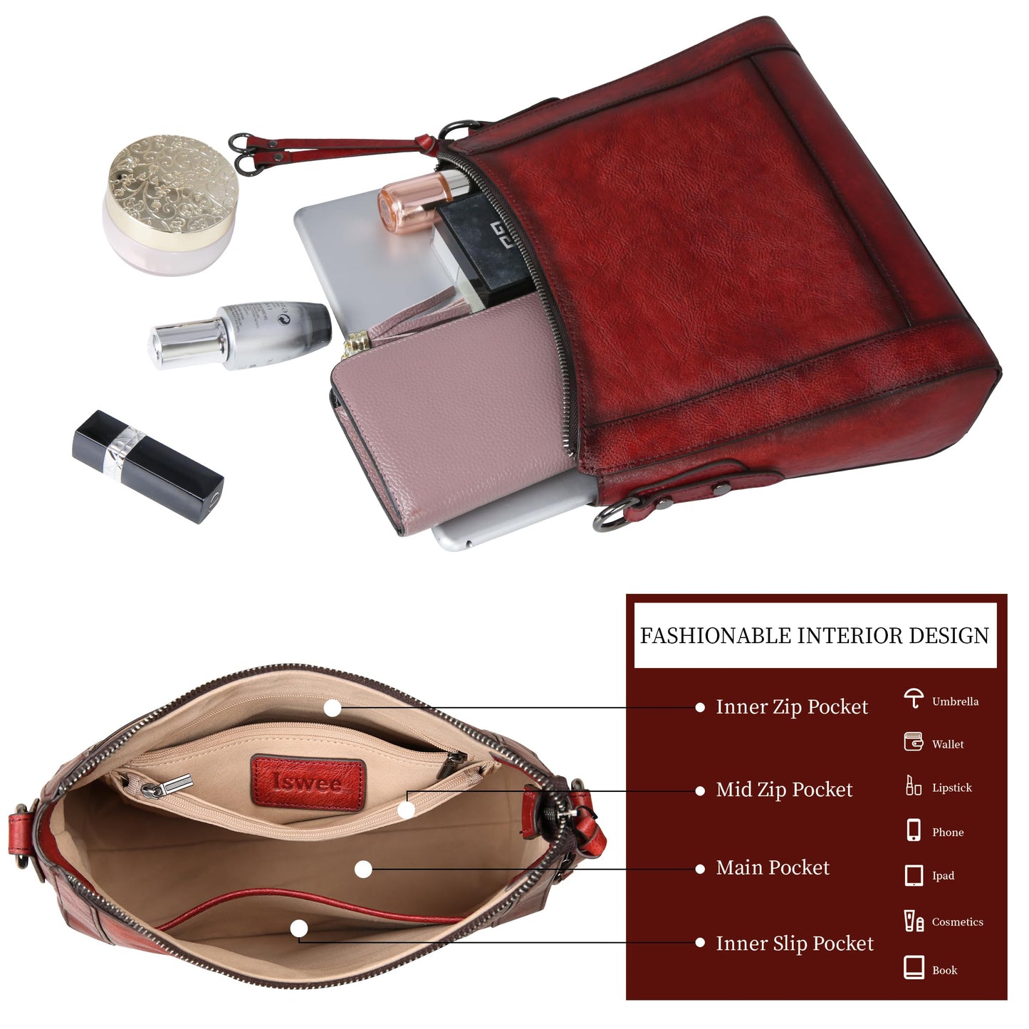 Iswee Leather Crossbody Bags for Women Shoulder Purse Medium Hobo Genuine Leather Satchel Purses and Handbags