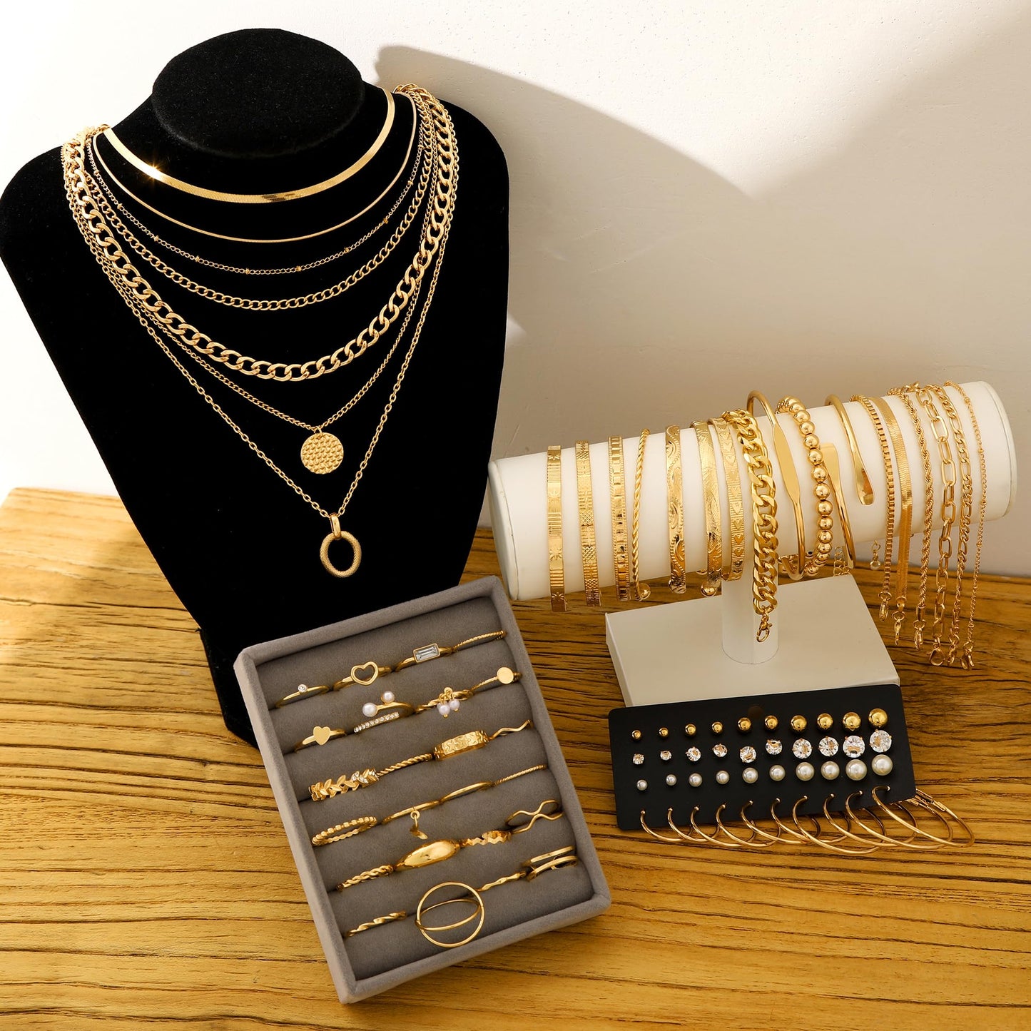 Jewelry 68 Pcs Gold Jewelry Set for Women with 7 Necklace, 17 Bracelet, 5 Hoop Earrings, 15 Stud Earrings, 24 Knuckle Rings for Women Jewelry Set for Women Gift