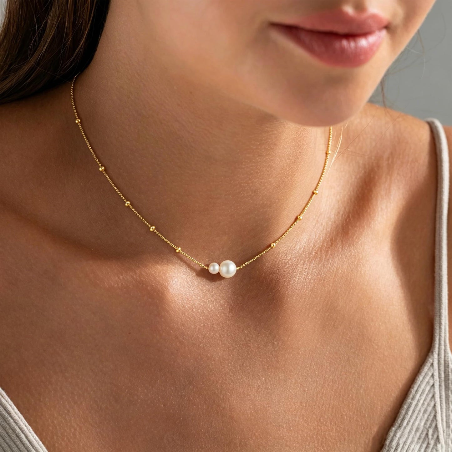 M MOOHAM Gold Necklace for Women Non Tarnish - Dainty 14K Gold Plated Beaded Chain Small Pendant Necklaces Simple Pearl Circle Beads Teardrop Pendant Necklace for Women Trendy Jewelry Gifts