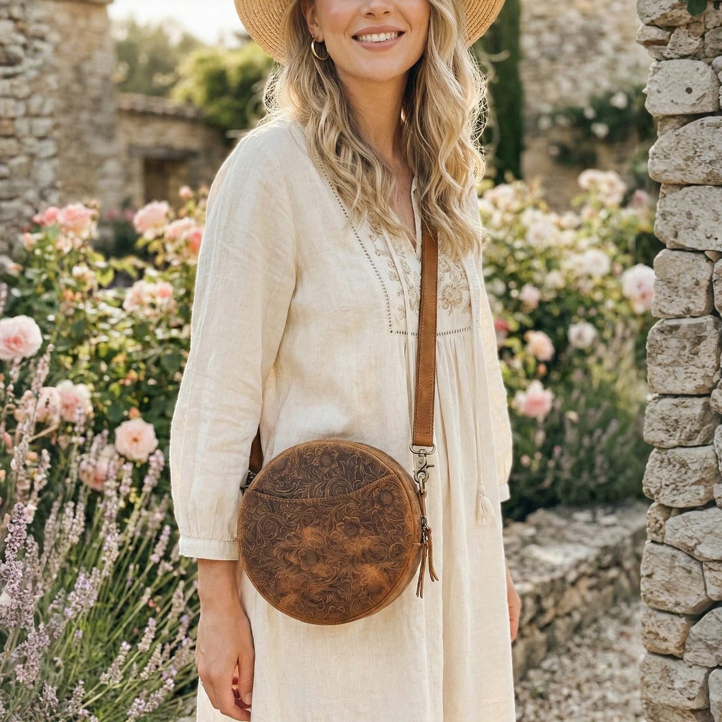 S-ZONE Leather Crossbody Bags for Women Circle Shoulder Round Purse Travel | Top Grain Leather, Keychain, Designer Handbag, Vintage, Multi Pockets, Detachable Strap, Eveyday Outing