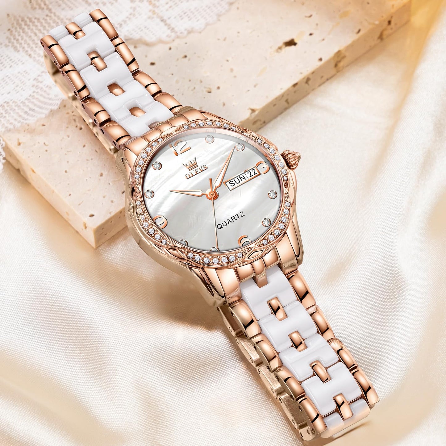 OLEVS Women's Watch Ceramic Band Waterproof Dress Watch Analog Quartz Watches Elegant Luxury Comfortable Wrist Watches with Date Day & Diamond White/Pink/Black Dial Gift for Her Reloj para Mujer