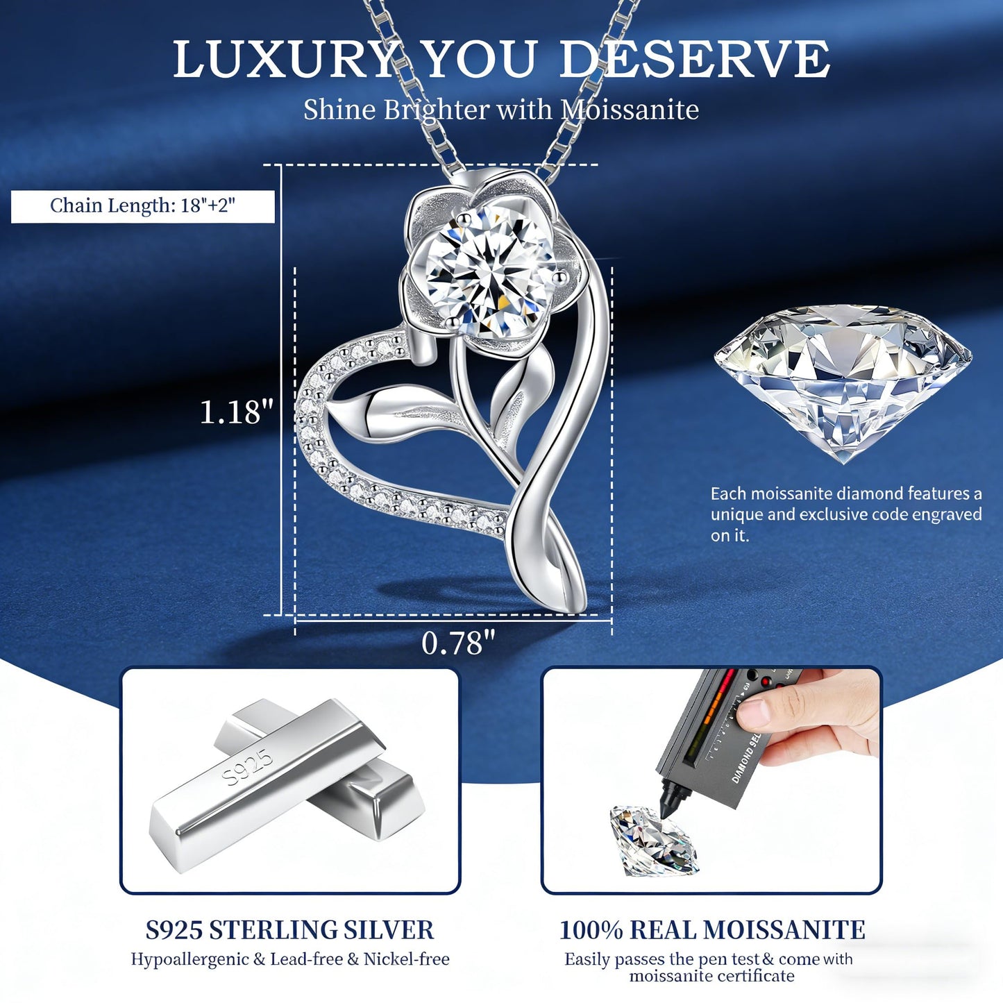 Gorgeous Moissanite Necklaces for Women - Sterling Silver 1-3CT D Color Moissanite Pendant Necklace, Mother Day Birthday Gifts for Mom Wife Girlfriend Daughter, Wedding Anniversary Christmas Jewelry Gift