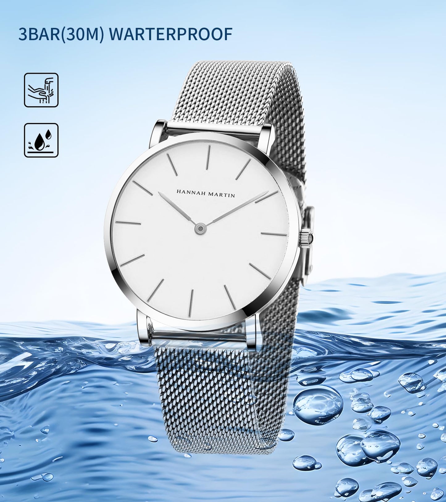 HANNAH MARTIN Watches for Women Analog Women's Watch with Stainless Steel Expansion Band Minimalist Slim Dial 30M Waterproof Ladies Dress Wristwatch for Casual Daily Business