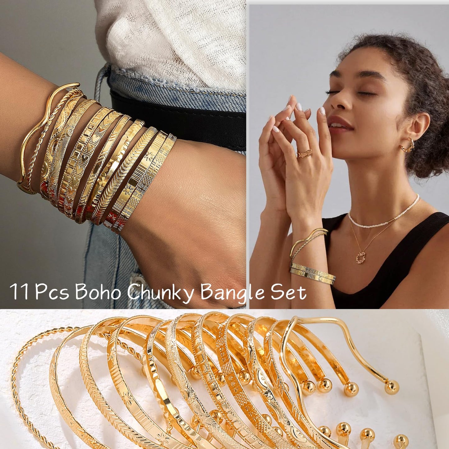 17IF Gold Bangle Bracelet For Women, 14k Multilayer Charm Textured Stackable Bracelets Boho Indian Chunky Cuff Fashion Jewelry Gift