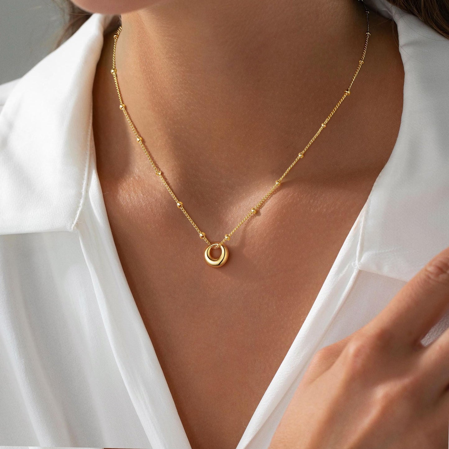 M MOOHAM Gold Necklace for Women Non Tarnish - Dainty 14K Gold Plated Beaded Chain Small Pendant Necklaces Simple Pearl Circle Beads Teardrop Pendant Necklace for Women Trendy Jewelry Gifts