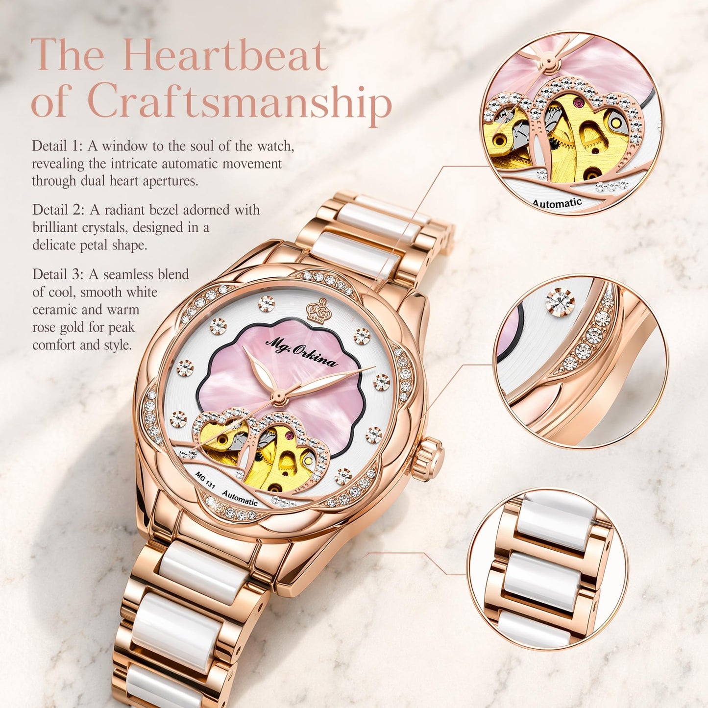Vetra Women Watches Automatic Luxury Diamond Dress Ladies Watch Fashion Waterproof Ceramic Strap Rose Gold Self Winding Female Wrist Watch