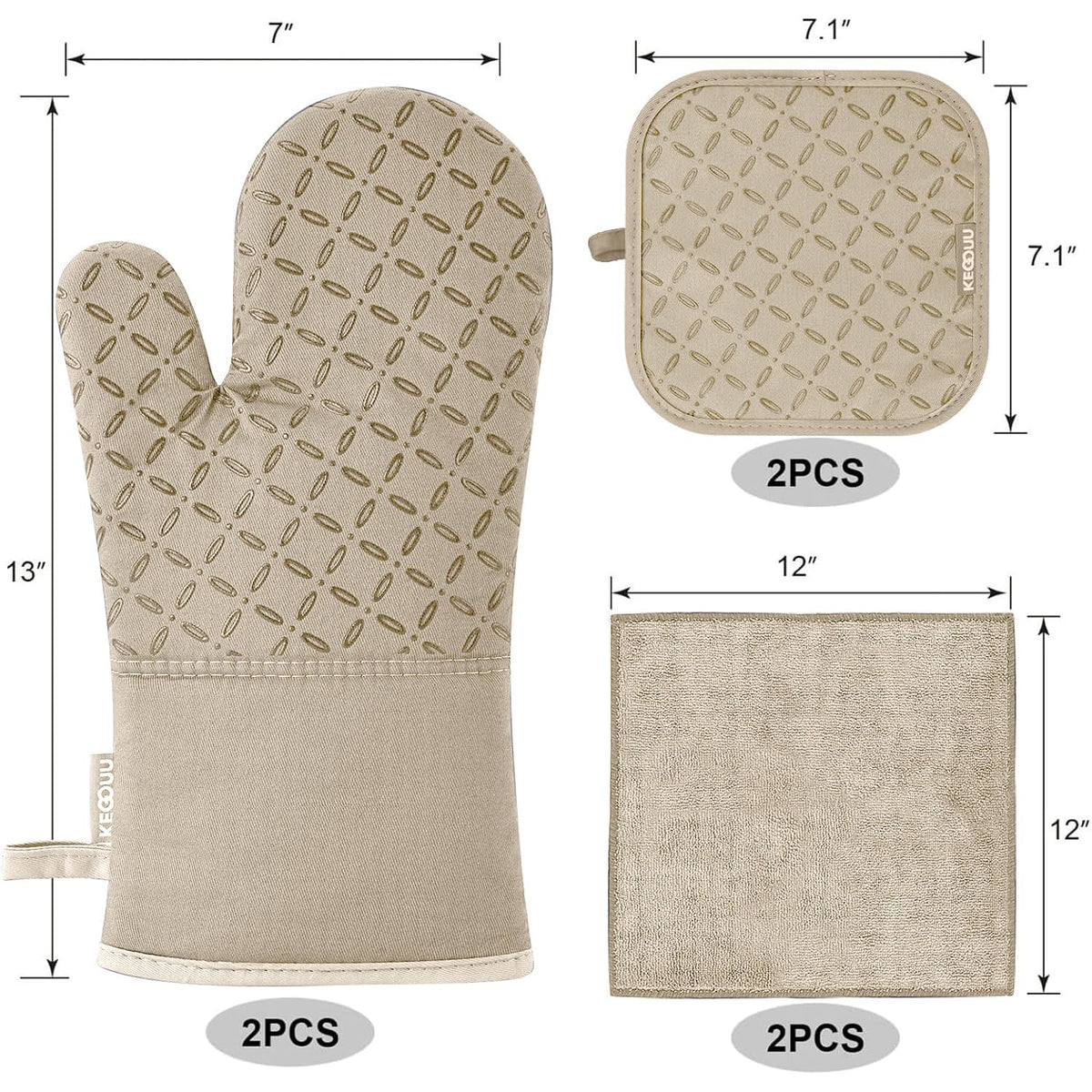 KEGOUU Oven Mitts and Pot Holders 6pcs Set, Kitchen Oven Glove High Heat Resistant 500 Degree Extra Long Oven Mitts and Potholder with Non-Slip Silicone Surface for Cooking (Gray)