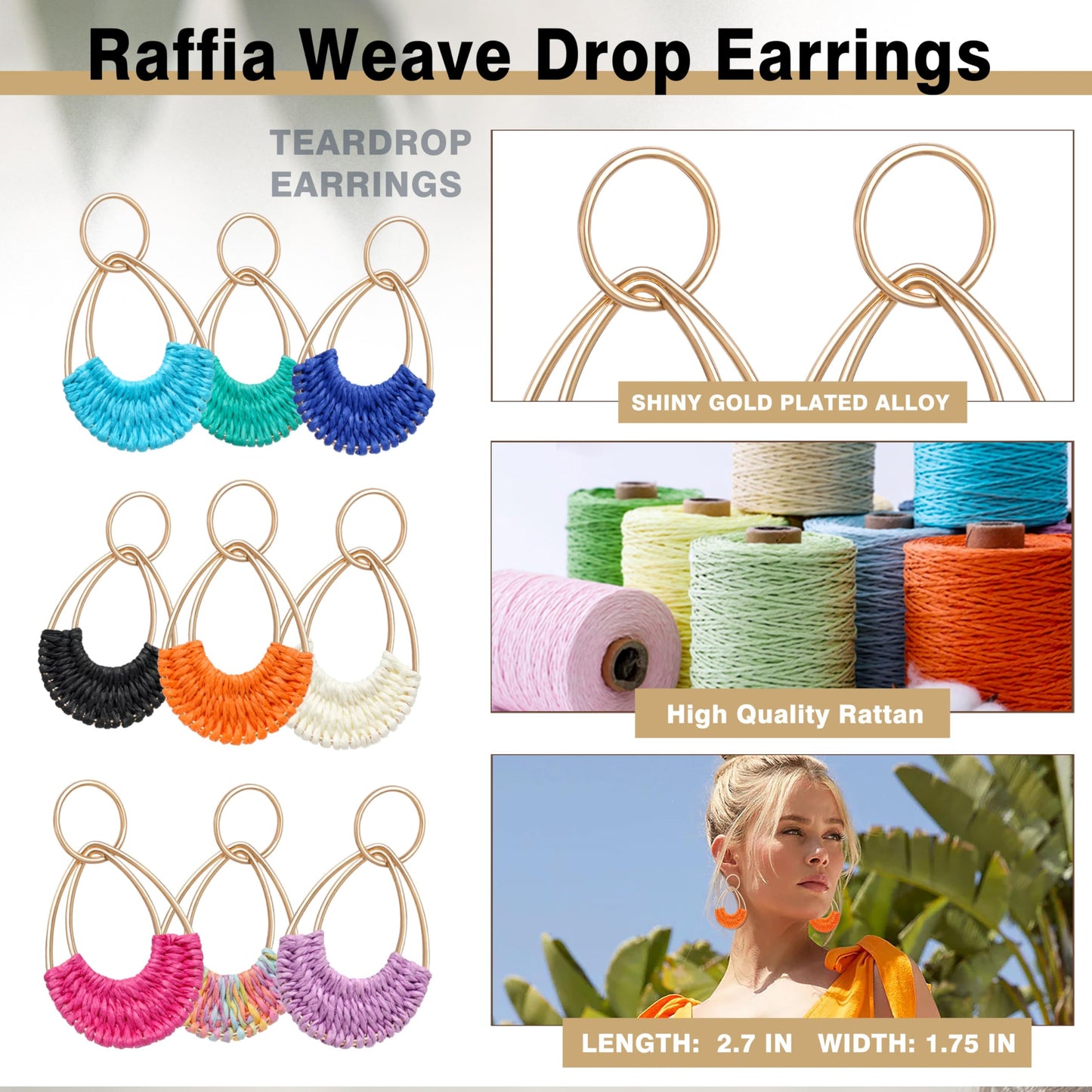 Raffia Hoop Earrings for Women Fun Boho Summer Beach Earrings Lightweight Handmade Straw Wicker Rattan Dangle Earrings Statement Geometric Round Drop Earrings