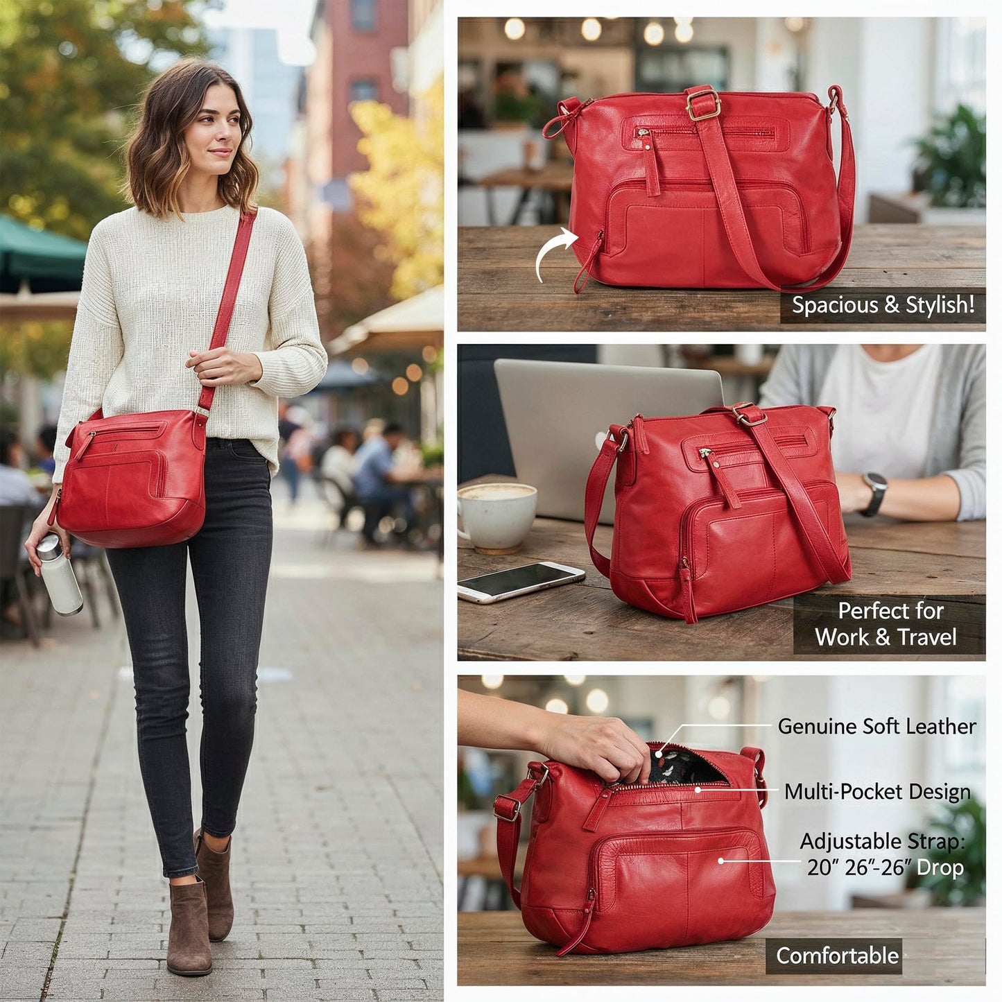 Oak Leathers Women's Crossbody Bag - Genuine Leather Crossover Shoulder Purse With Adjustable Sling Strap - Medium Size