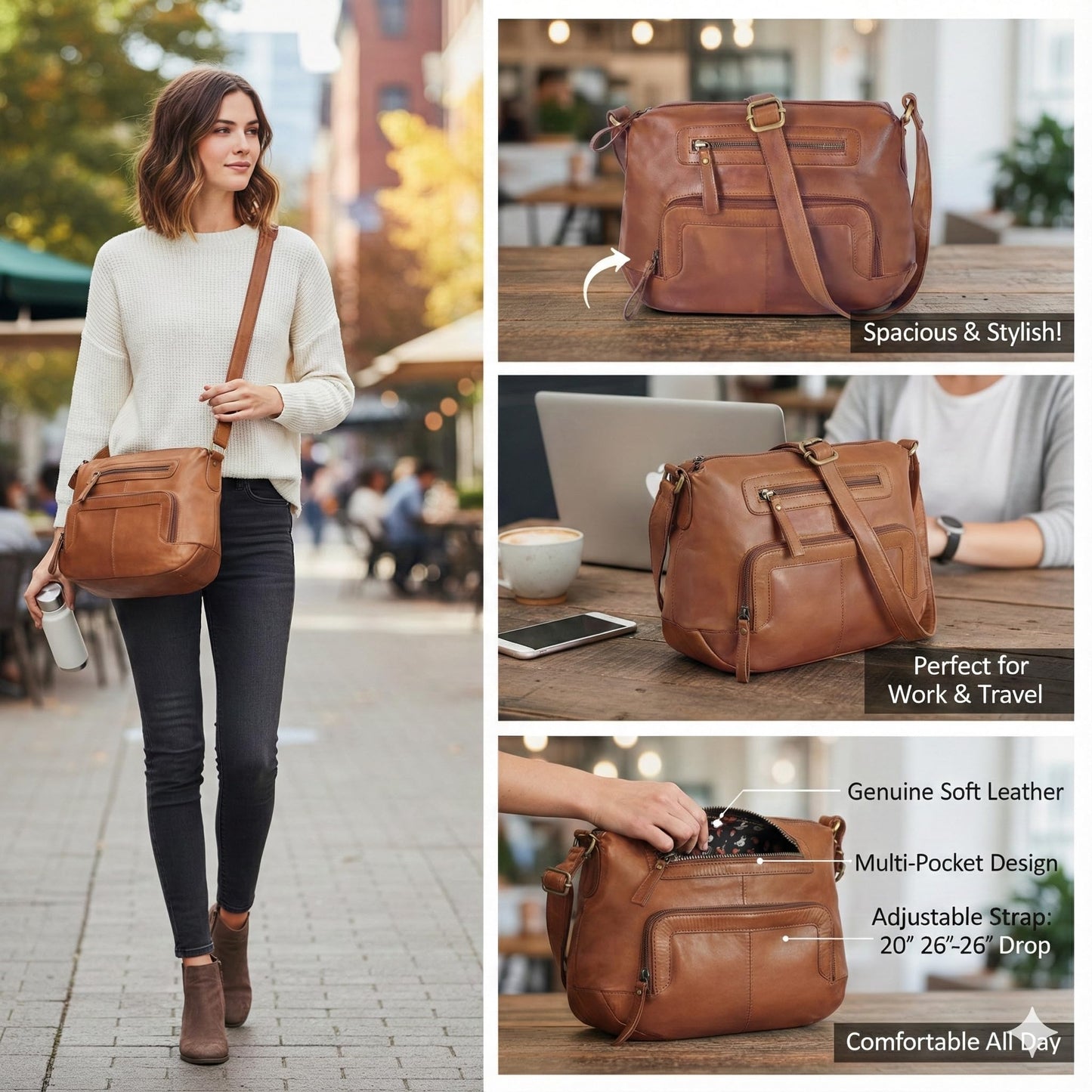 Oak Leathers Women's Crossbody Bag - Genuine Leather Crossover Shoulder Purse With Adjustable Sling Strap - Medium Size