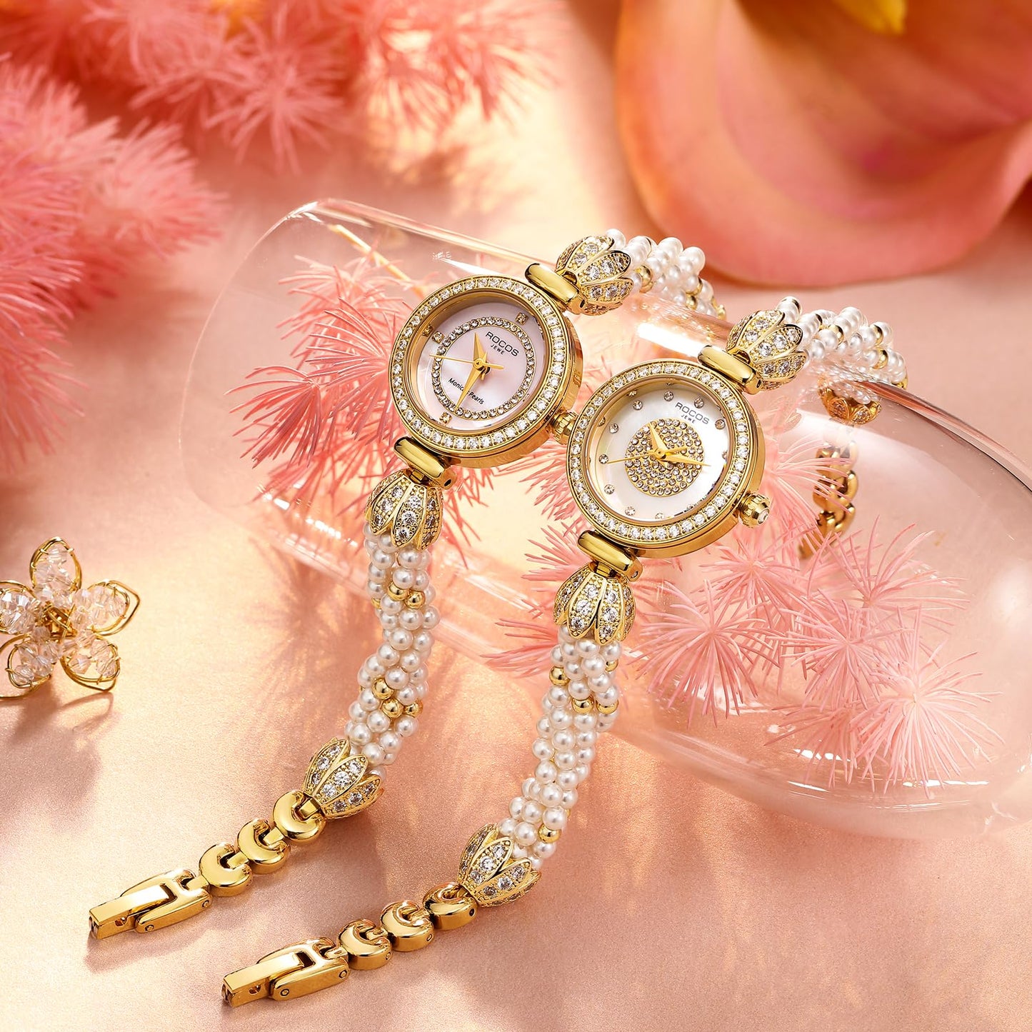 ROCOSJEWE R0262 Bracelet Watches for Women,Fashion Gold Dress Watch,Women's Pearl Bracelet Watch,Dazzling/Pink Dial,Adjustable Stainless Strap,Waterproof,Gift for Women
