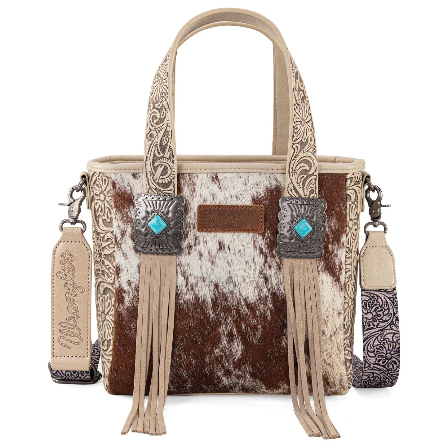 Montana West Wrangler Cowhide Tote Bag for Women Western Tooling Handbag Leather Fringing with Turquoise Stone Concho
