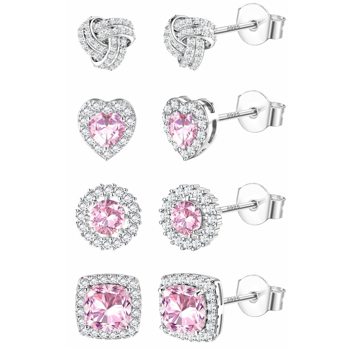 ZELORES 4 Pairs Sterling Silver 5A CZ Stud Earrings for Women 14K Gold Plated Brilliant Celtic Heart Big Stud Earrings Set Cubic Zirconia Earrings Studs for Sensitive Ear