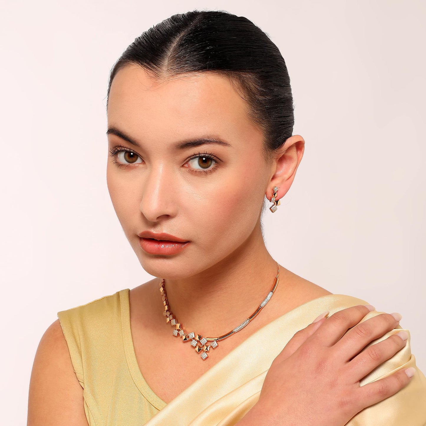 Nilu's Collection American Diamond Stone Studded | Rose Gold/Silver Plated | Anti Tarnish Jewellery Set for Women | Matching Earrings Perfect for Weddings and Special Occasions