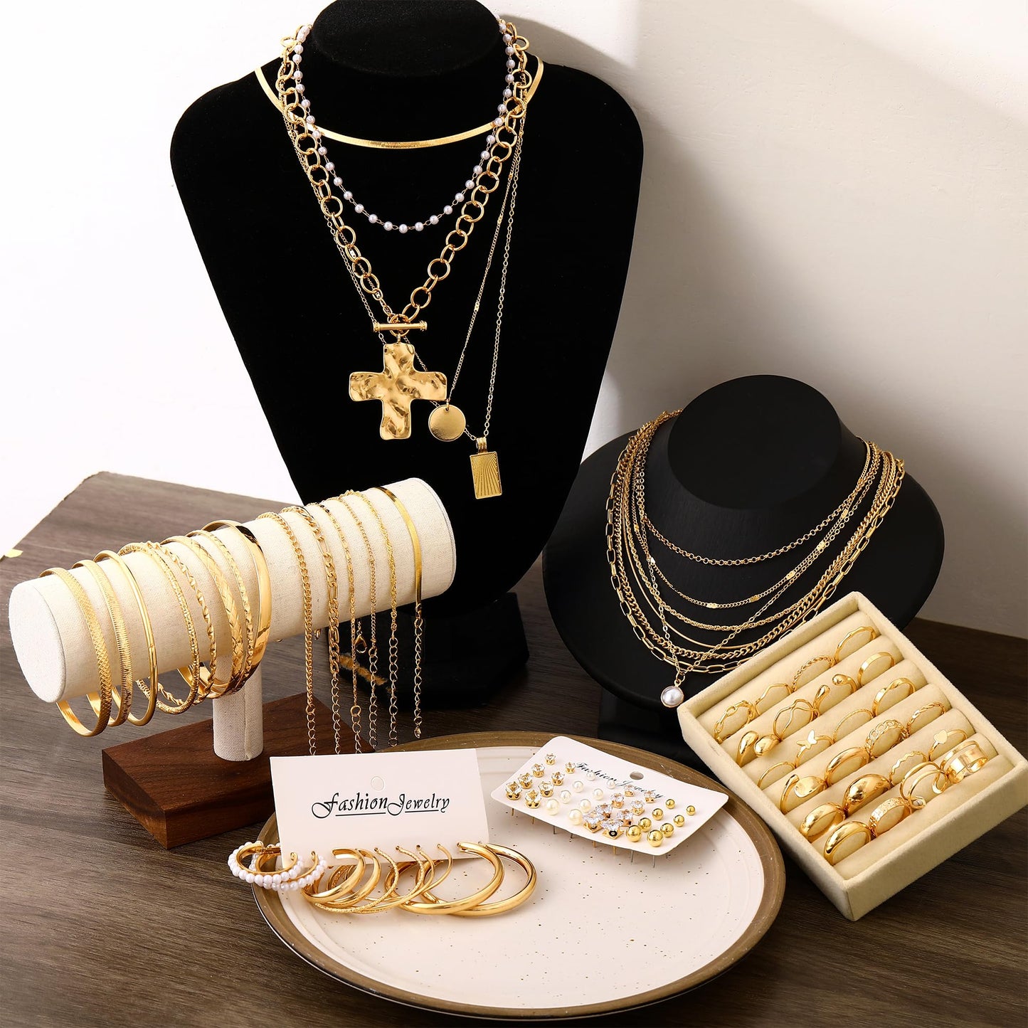 Jewelry 68 Pcs Gold Jewelry Set for Women with 7 Necklace, 17 Bracelet, 5 Hoop Earrings, 15 Stud Earrings, 24 Knuckle Rings for Women Jewelry Set for Women Gift
