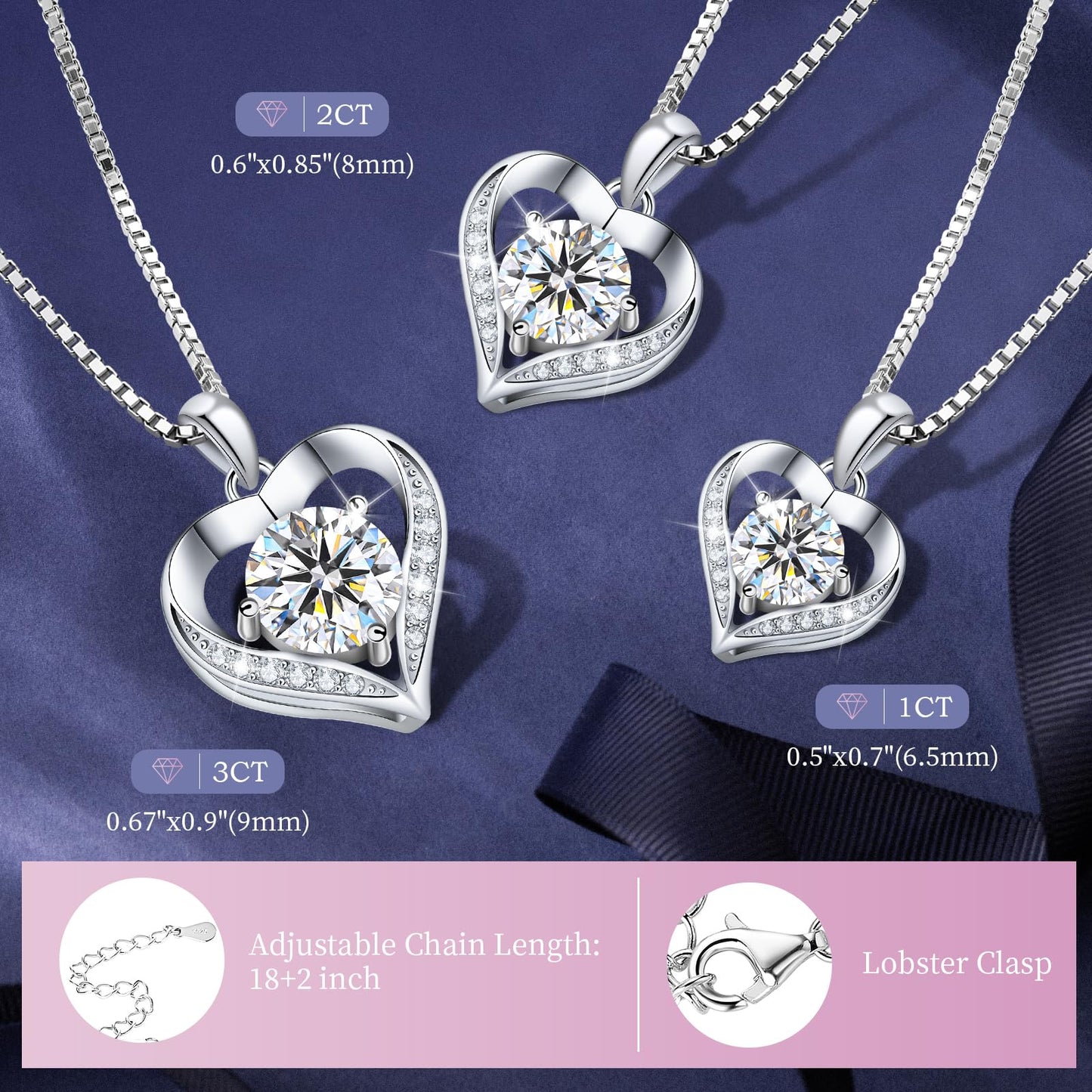 Gorgeous Moissanite Necklaces for Women - Sterling Silver 1-3CT D Color Moissanite Pendant Necklace, Mother Day Birthday Gifts for Mom Wife Girlfriend Daughter, Wedding Anniversary Christmas Jewelry Gift